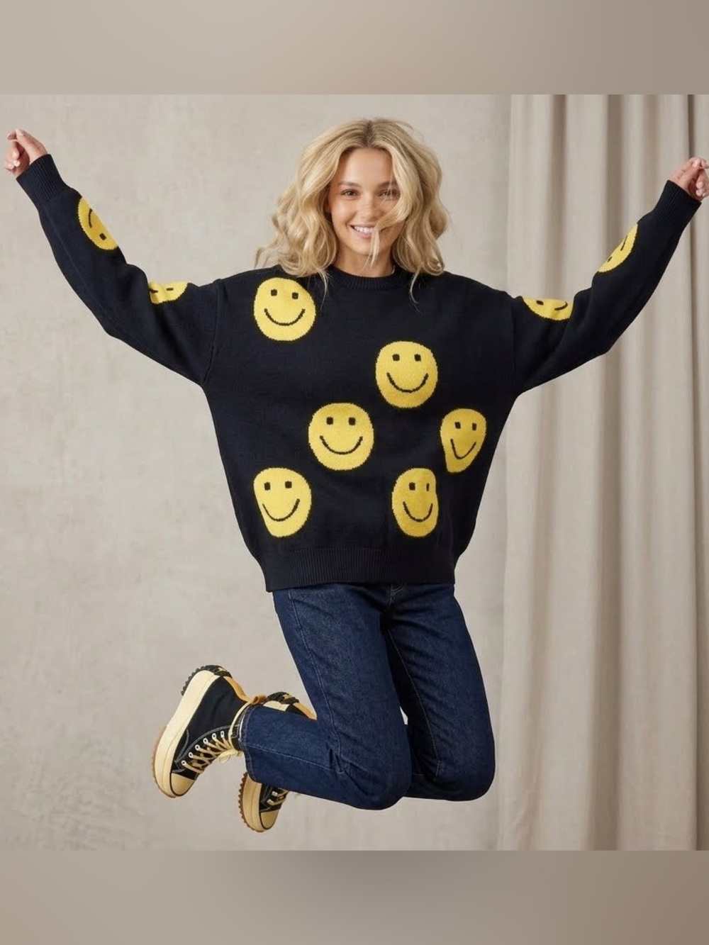 LALA Black Sweater with Yellow Smiley Faces